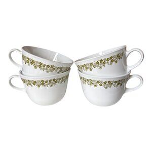 Corelle White Green Crazy Daisy Floral Coffee Tea Cup Mugs Set of 4 Made in USA